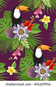 toucan and tropical plants and flowers seamless pattern