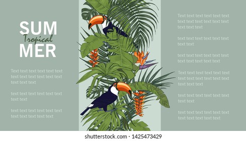 Toucan and tropical plants, template for cards, invitations, posters, booklet, vector illustration