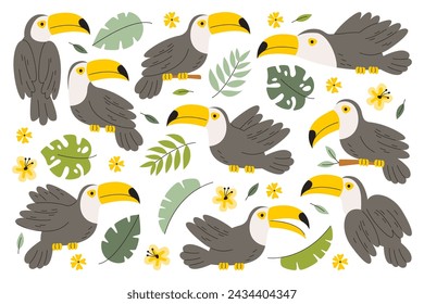 Caricatura de pájaro salvaje tropical de Tucán con pico enorme volando, sentado en la rama, cantando canción y exóticas hojas de plantas y flores decoración conjunto aislado. Ilustración vectorial de fauna de selva