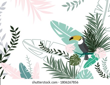 Toucan in the tropics. Palm and monstera leaves. Сomposition with a bird. Tropical bird. Wild nature.