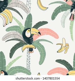 Toucan vector color seamless pattern. Jungle flora and fauna background. Fruit eating bird. Rainforest palm and banana. Exotic bird. Decorative tropical textile, wallpaper, wrapping paper design