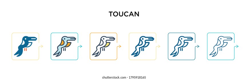 Toucan vector icon in 6 different modern styles. Black, two colored toucan icons designed in filled, outline, line and stroke style. Vector illustration can be used for web, mobile, ui