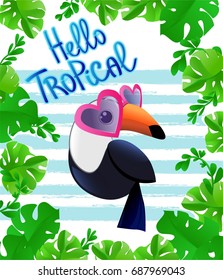 Toucan Vector Illustration. Children Print on T-Shirt. Toucan with Glasses. Tropical Illustration.