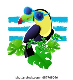 Toucan Vector Illustration. Children Print on T-Shirt. Toucan with Glasses. Tropical Illustration.