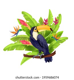 Toucan vector illustration, exotic tropical bird, banana leaves, paradise flowers, beak, purple feather. Amazon wildlife summer nature clipart, branch, Brazil parrot. Floral toucan vector concept