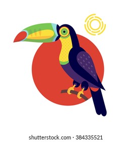 Toucan. Vector image of a flat figure bird. Simplified design of exotic unusual bird from the wild. Graphic colored illustration isolated on white background.