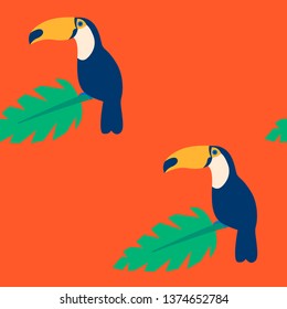 Toucan vector seamless pattern. Exotic bird with big beak sitting with palm tree leaf. Flat style isolated on bright red background. Repeatable pattern for textile, backgrounds, packaging.