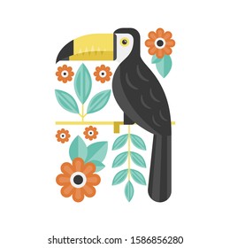 Toucan wild exotic bird flat vector illustration. Tropical animal sitting on branch isolated design element. Tucan, blooming flowers and leaves cartoon composition on white background