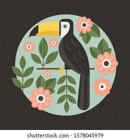 Toucan wild tropical bird flat vector illustration. Exotic animal sitting on branch design element in round shape. Tucan, flowers and leaves cartoon creative composition on black background