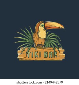 Toucan with wooden signboard and leaves for design of tropical beach bar. Summer print with exotic bird and plants for hawaii tiki bar