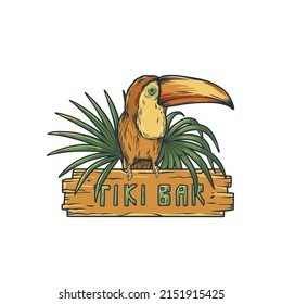 Toucan with wooden signboard and leaves for design of tropical beach bar. Summer print with exotic bird and plants for hawaii tiki bar