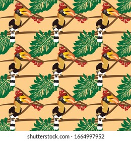 Toucans berry seamless pattern design torpical leaves, toucan bird vector pattern for printing on textiles, paper, packaging, wallpaper