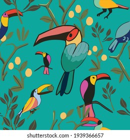 Toucans birds on teal background, green leaves, and orange fruits. Illustrated in seamless repeat pattern, and vector file. Ready to be printed on children clothings, bedding or wrapping pater