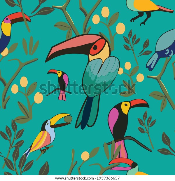 Toucans birds on teal background, green leaves, and orange fruits. Illustrated in seamless repeat pattern, and vector file. Ready to be printed on children clothings, bedding or wrapping pater
