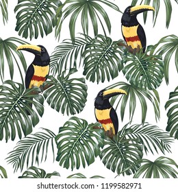 Toucans birds and tropical leaves. Seamless vector pattern.