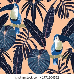 Toucans, blue palm leaves, beige background. Floral seamless pattern. Tropical illustration. Exotic plants, birds. Summer beach design. Vintage blue color backdrop.