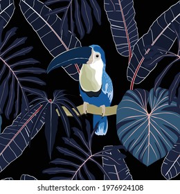 Toucans, blue palm leaves, black background. Floral seamless pattern. Tropical illustration. Exotic plants, birds. Summer beach design. Vintage blue color backdrop.