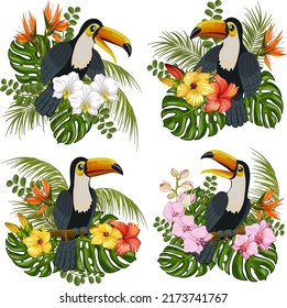 Toucans in bouquets of flowers.Vector illustration with toucans and bouquets of tropical plants on a transparent background.
