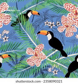 Toucans, canna lily flowers, green palm leaves, blue background. Vector floral seamless pattern. Tropical illustration. Exotic plants, birds. Summer beach design. Paradise nature