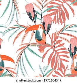 Toucans, coral protea flowers, palm leaves, white background. Floral seamless pattern. Tropical illustration. Exotic plants, birds. Summer beach design. Orange color backdrop.