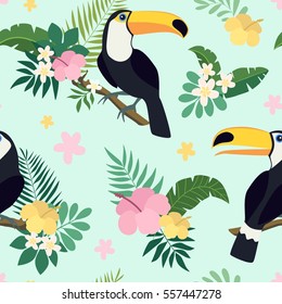 Toucans, exotic flowers, tropical leaves seamless pattern