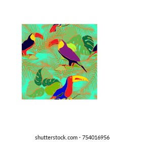 Toucans and exotic leaves. Seamless pattern. Jungle pattern.