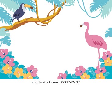 Toucans and flamingos, frame illustration with tropical image