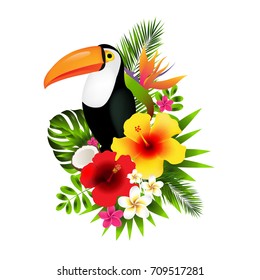 Toucans And Flowers Gradient Mesh, Vector Illustration