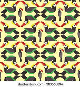 Toucans geometric pattern. Seamless pattern yellow  background.