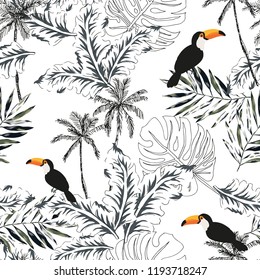 Toucans, graphic palm leaves, trees, white background. Vector floral seamless pattern. Tropical illustration. Exotic plants, birds. Summer beach design. Paradise nature