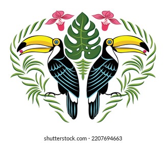 Toucans, green leaves and flowers. Unique tropical composition. Design for print, t shirt, posters, postcards.