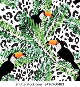 Toucans, green palm leaves, leopard animal print background. Vector floral seamless pattern. Tropical illustration. Exotic plants, birds. Summer beach design. Paradise nature
