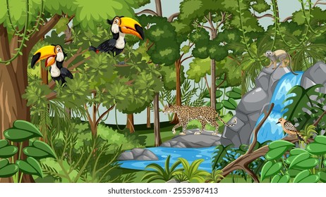 Toucans, leopard, and waterfall in vibrant rainforest