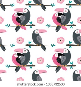 Toucans in love seamless pattern background. Birds sitting on branch, tropical leaves and flowers. Concept of St. Valentine’s Day. Vector illustration.