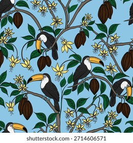 Tucanes en ramas de cacao de Vector sin patrón. Pájaros exóticos y frutas de chocolate dibujados a mano impresión sin fin para la tela y el Fondo de pantalla en estilo de boceto. Fondo retro toile de jouy.