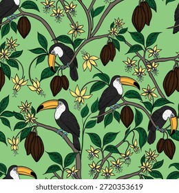 Tucanes en ramas de cacao de Vector sin patrón. Pájaros exóticos y frutas de chocolate dibujados a mano impresión sin fin para la tela y el Fondo de pantalla en estilo de boceto. Fondo retro toile de jouy.
