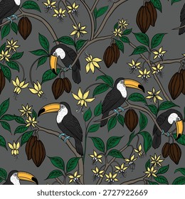 Tucanes en ramas de cacao de Vector sin patrón. Pájaros exóticos y frutas de chocolate dibujados a mano impresión sin fin para la tela y el Fondo de pantalla en estilo de boceto. Fondo retro toile de jouy.