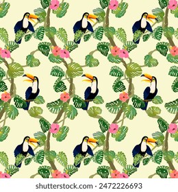 Toucans on vines in a pattern.Vector illustration with toucans on a branch in tropical leaves and flowers.