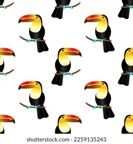 Toucans on a white background. Seamless pattern with tropical birds for textile. Vector.