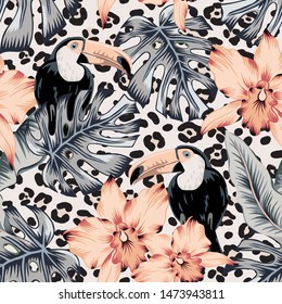 Toucans, orchid flowers, monstera, banana palm leaves, animal print background. Vector floral seamless pattern. Tropical illustration. Exotic plants, birds. Summer beach design. Paradise nature