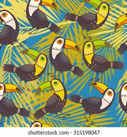 Toucans and palm leaves seamless vector background