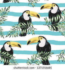 Toucans, palm leaves, striped background. Vector floral seamless pattern. Tropical illustration. Exotic birds, plants. Summer beach design. Paradise nature