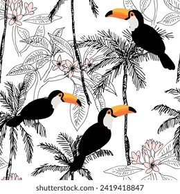 Toucans, palmeras, flores de plumería, fondo blanco. Patrón vector floral sin soldadura. Ilustración tropical. Plantas exóticas, pájaros. El diseño veraniego de la playa. Naturaleza paradisíaca