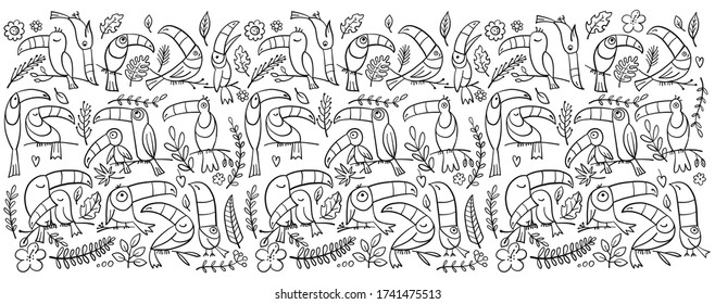 Toucans, paradise tropical bird for your design. Coloring page. Vector illustration