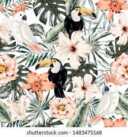 Toucans, parrots, hibiscus, orchid flowers, monstera palm leaves, white background. Vector floral seamless pattern. Tropical illustration. Exotic plants, birds. Summer beach design. Paradise nature