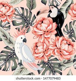 Toucans, parrots, rose flowers, monstera palm leaves, pink background. Vector floral seamless pattern. Tropical illustration. Exotic plants, birds. Summer beach design. Paradise nature