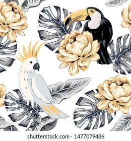 Toucans, parrots, yellow rose flowers, gray
 monstera palm leaves, white background. Vector floral seamless pattern. Tropical illustration. Exotic plants, birds. Summer beach design. Paradise nature