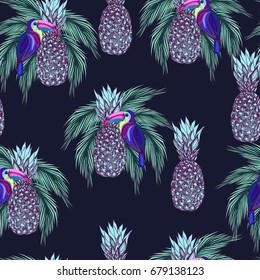 Toucans and pineapples on dark background, seamless pattern, vector illustration