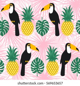 Toucans and pineapples seamless pattern on pink tropical leaves. Trendy jungle illustration. Fashion summer background. Cute design for fabric, textile, decor, wallpaper.