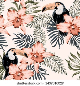 Toucans, pink orchid flowers, palm leaves bouquets  background. Vector floral seamless pattern. Tropical illustration. Exotic plants, birds. Summer beach design. Paradise nature